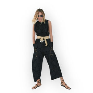 Zara Black Embroidered Eyelet Jumpsuit Limited Edition XS Baggy Grunge Boho Lace